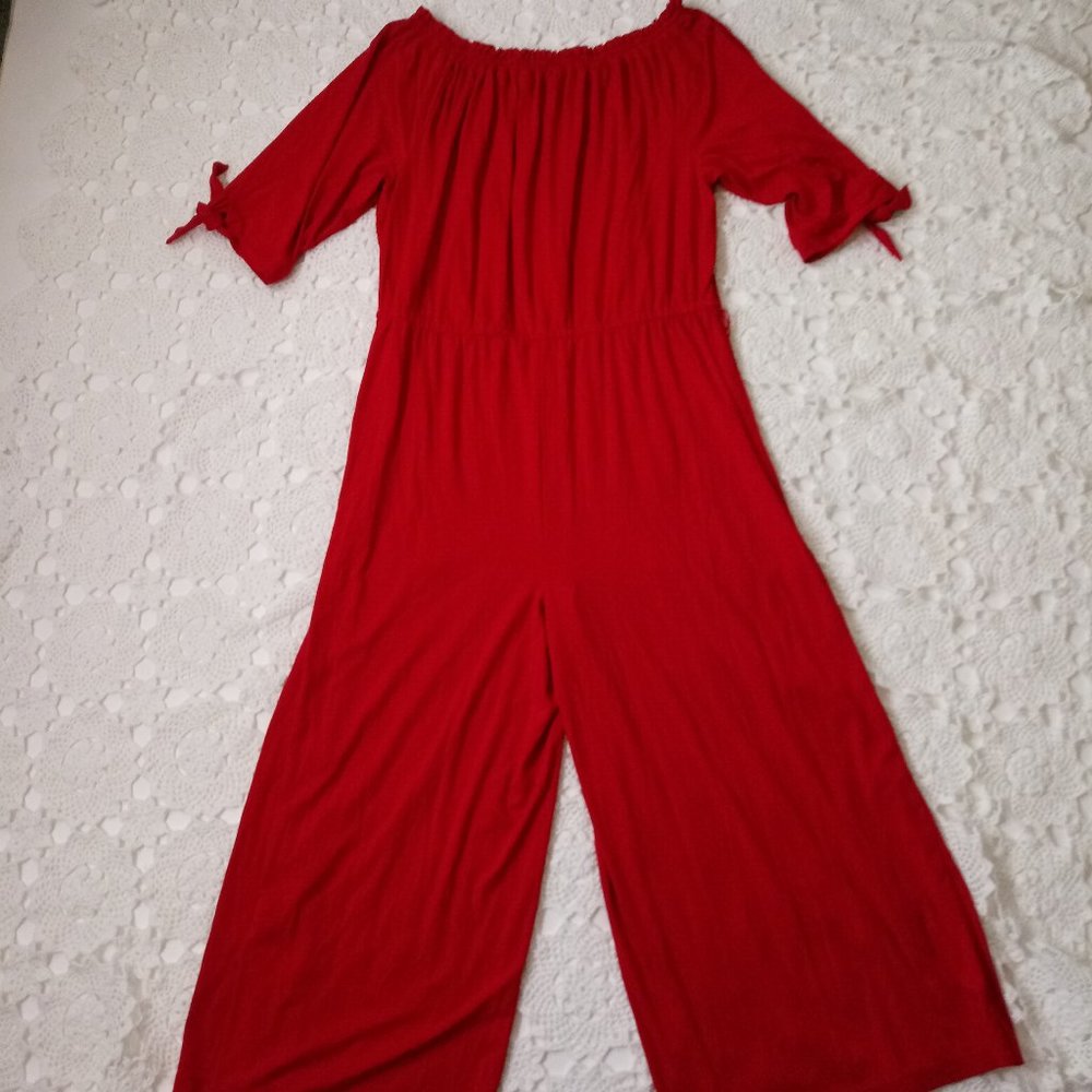 Ralph Lauren Jumpsuit Red Knit Off Shoulder Tie Short Sleeve Wide Leg XL Women - Picture 7 of 9